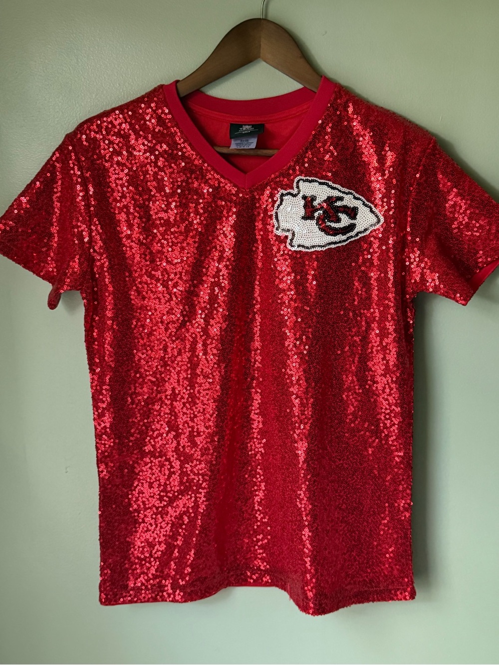NFL Kansas City Chiefs “Kelce” Red Sequin V-Neck Kids Tee with Team Patch